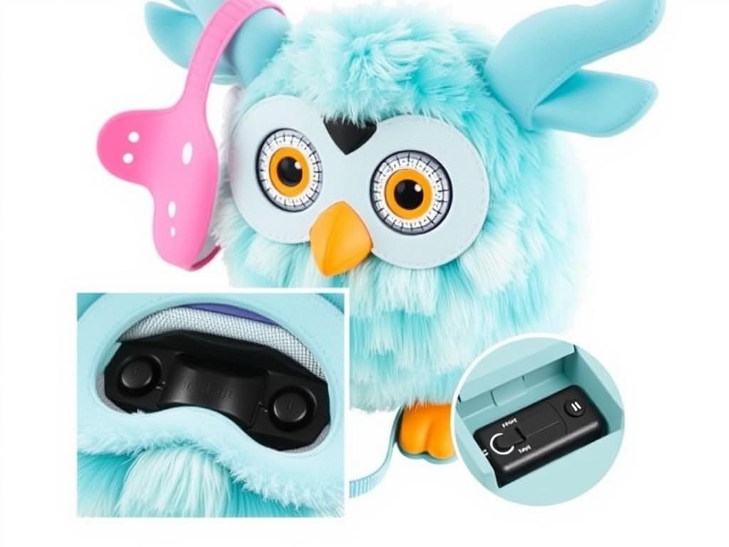 Furby Connect with sleep mask and power switch location showing how to turn furby off