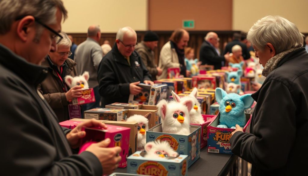 Furby collector convention showing displays of rare boxed Furbies
