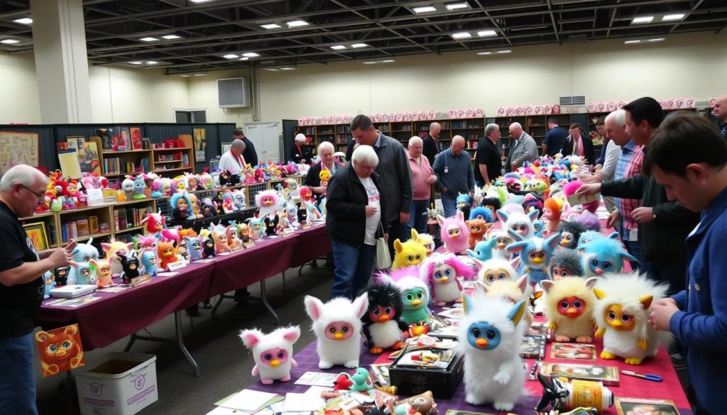 Furby collector convention with displays and enthusiasts