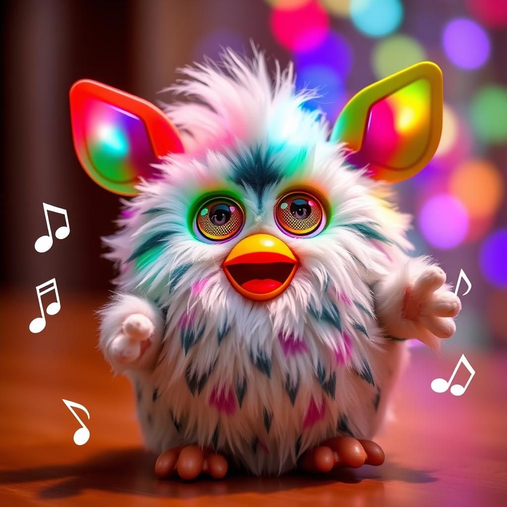 Furby in Dance Party mode with colorful lighting effects