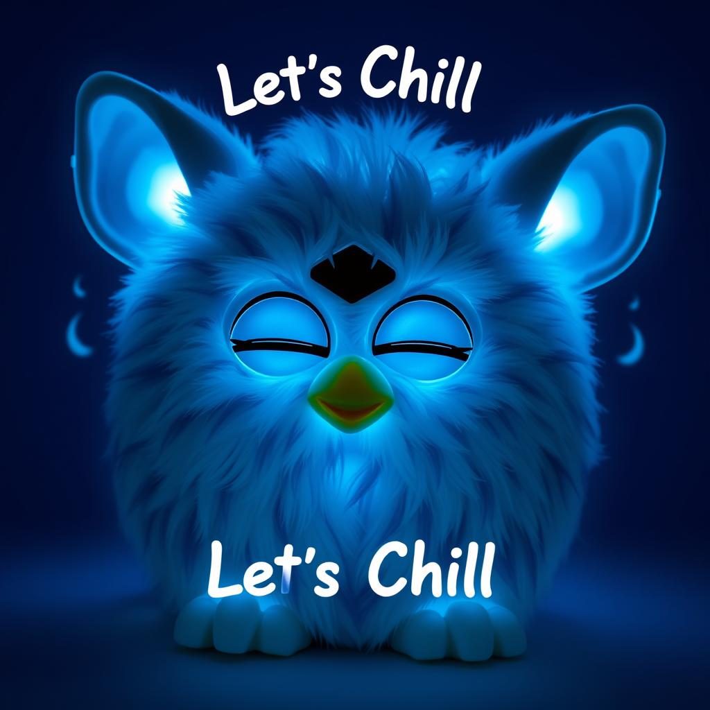 Furby in Let's Chill mode with calming blue lighting
