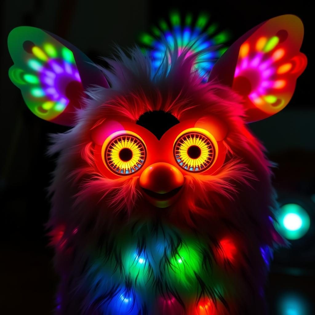 Furby in Light Show mode with vibrant multicolored ear displays