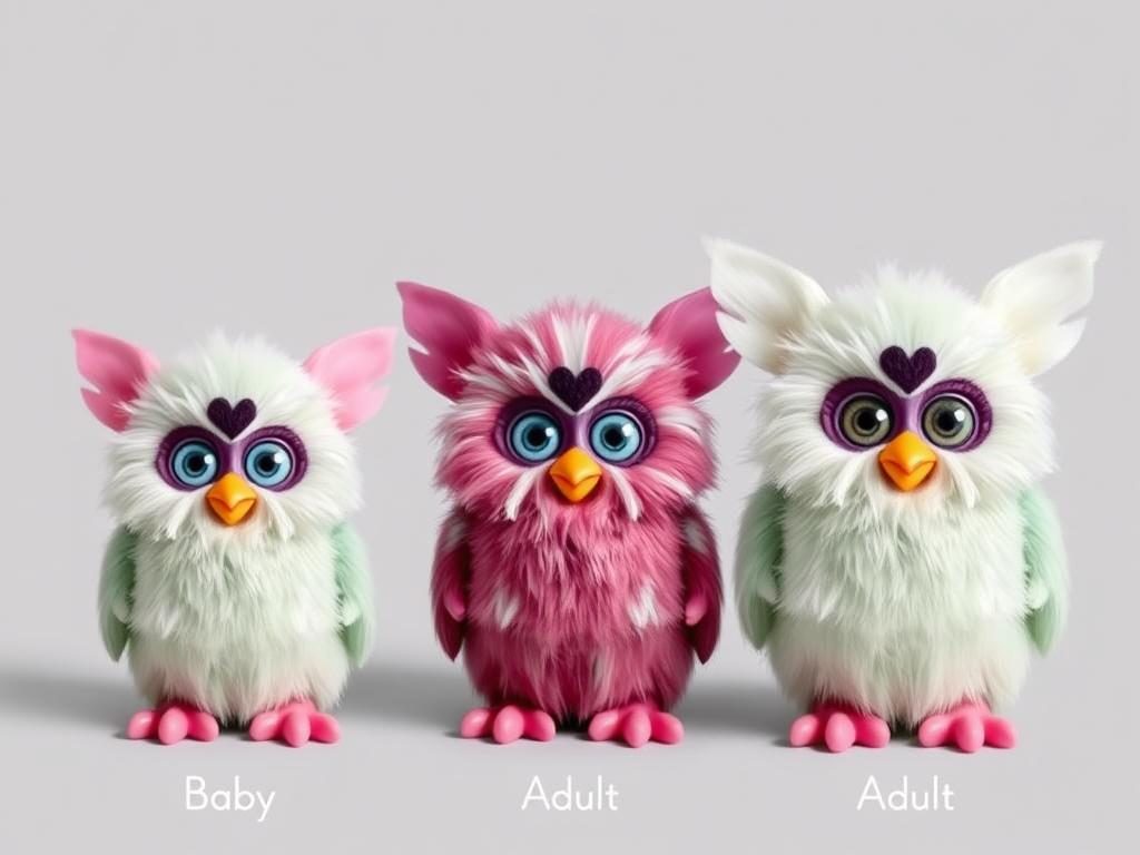 Furby in different life stages showing progression