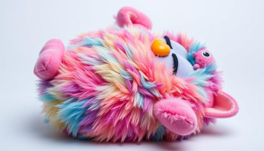 Furby toy lying on its back in sleep mode with visible snoring animation