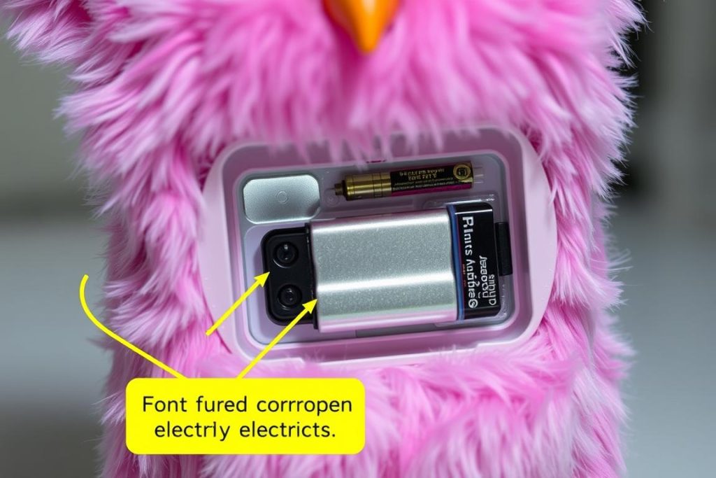 Furby with battery compartment open showing how to check for corrosion