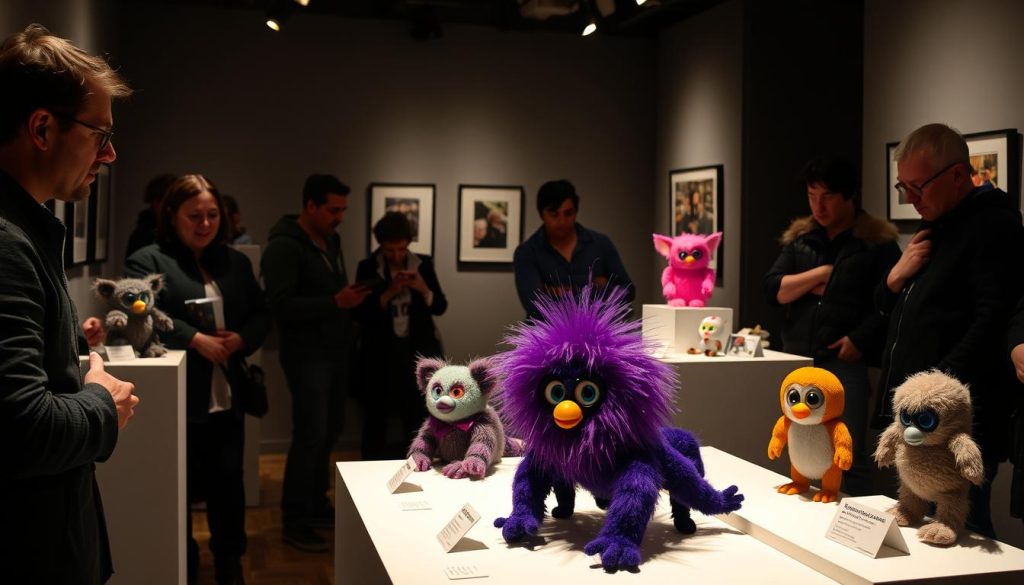 Gallery exhibition featuring various nostalgic toy modifications including Furby Centipedes