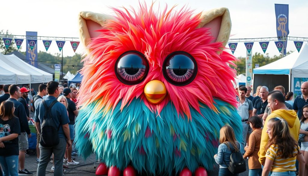 Giant Furby art installation towering over people at a festival