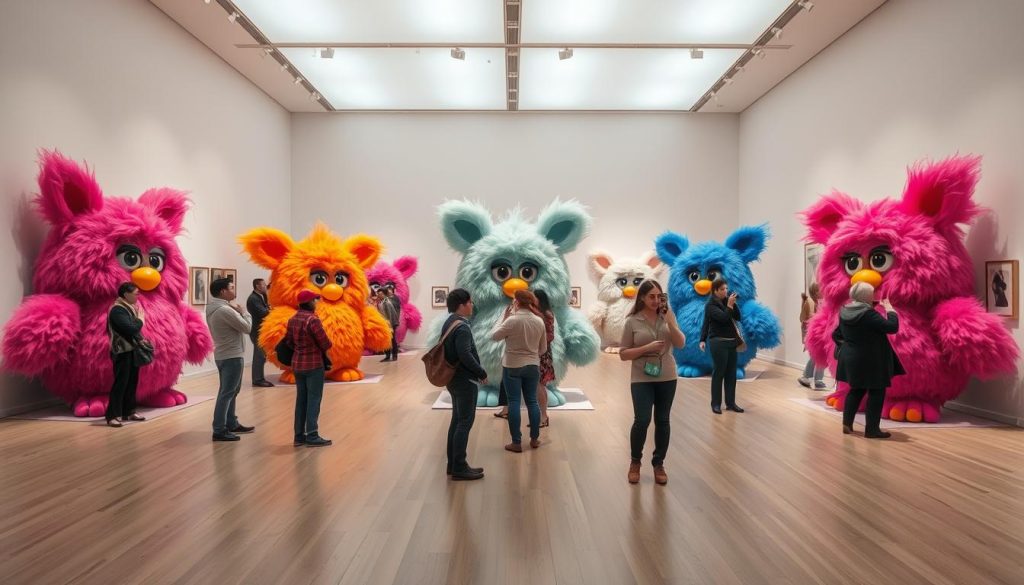 Giant Furby installation at an art gallery with viewers interacting
