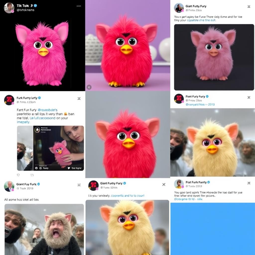 Giant Furby meme compilation showing viral social media posts