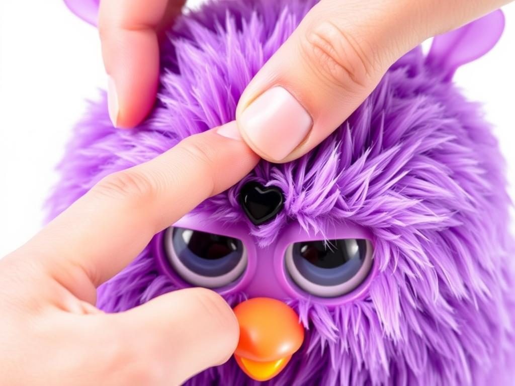 Hand demonstrating how to turn off a 2023 Furby toy by pressing the heart gem three times