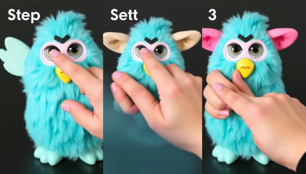 Hands demonstrating pressing the heart button on a Mini Furby three times to turn it off