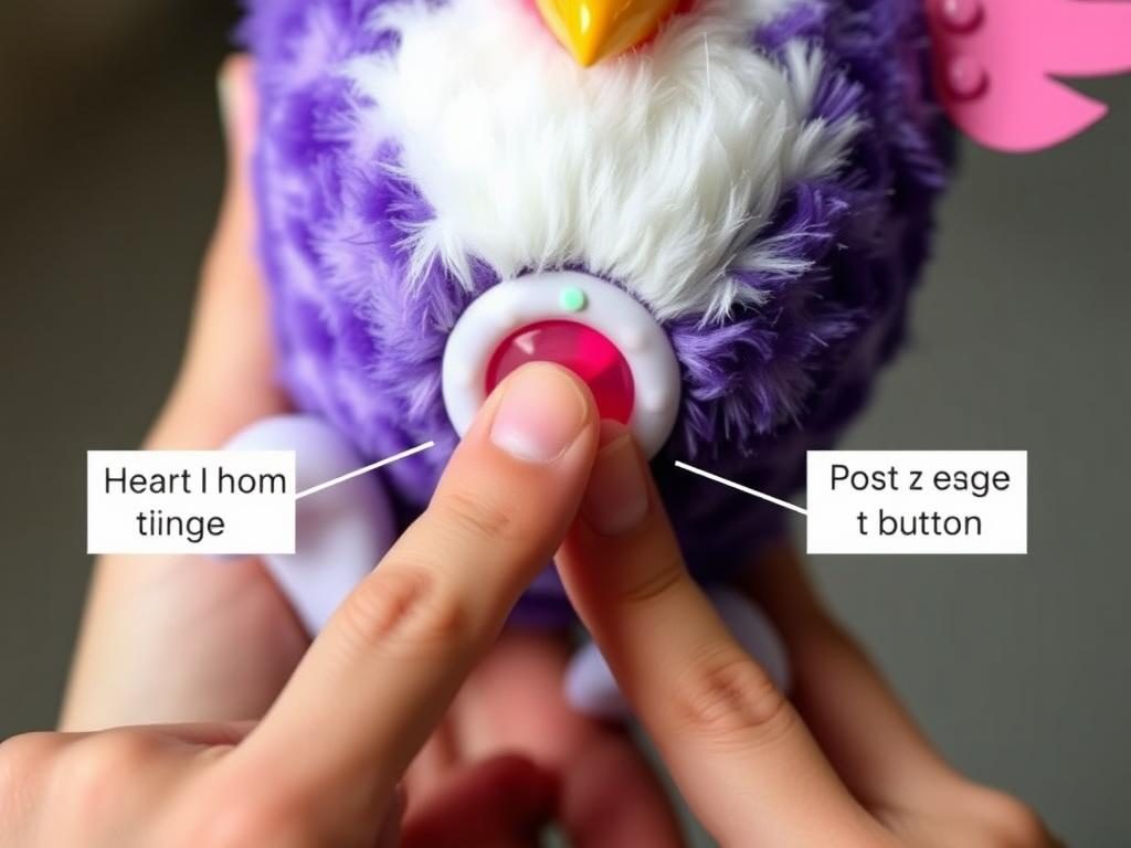Hands performing a factory reset on a Furby toy by holding specific buttons