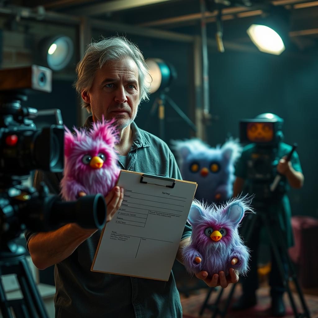 Horror filmmaker with Furby props from a movie set