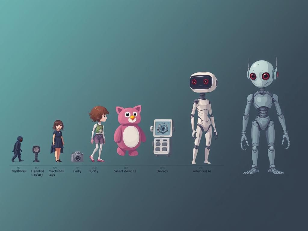 Illustration showing the evolution of technological horror from dolls to AI