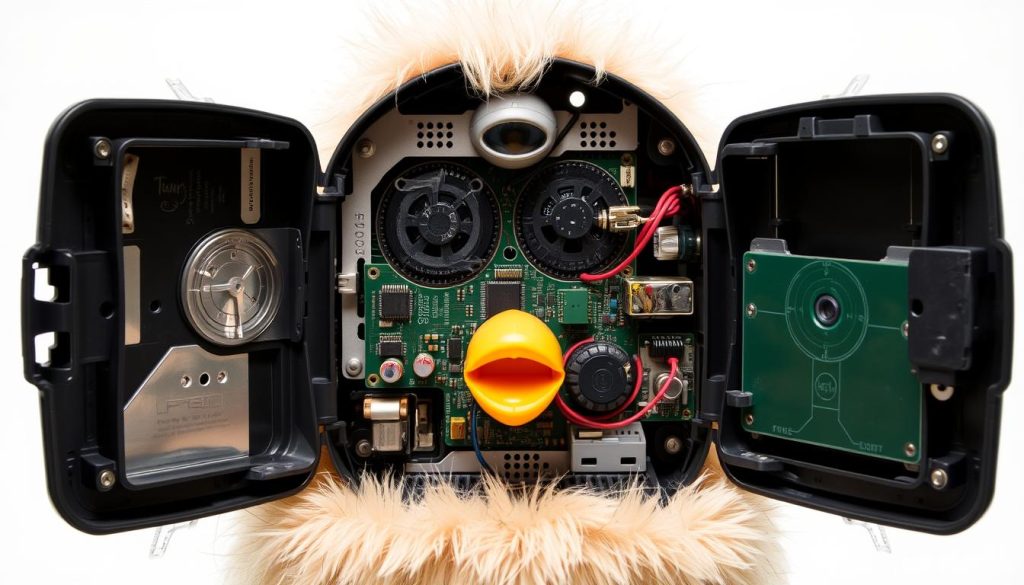 Inside of original Furby showing electronic components and technology