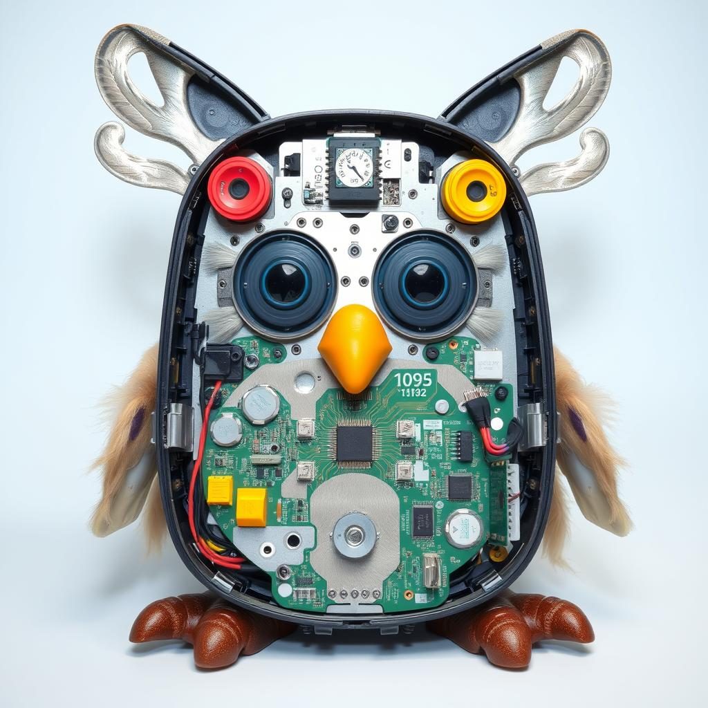 Internal components of a Furby showing the technology behind the history of Furby