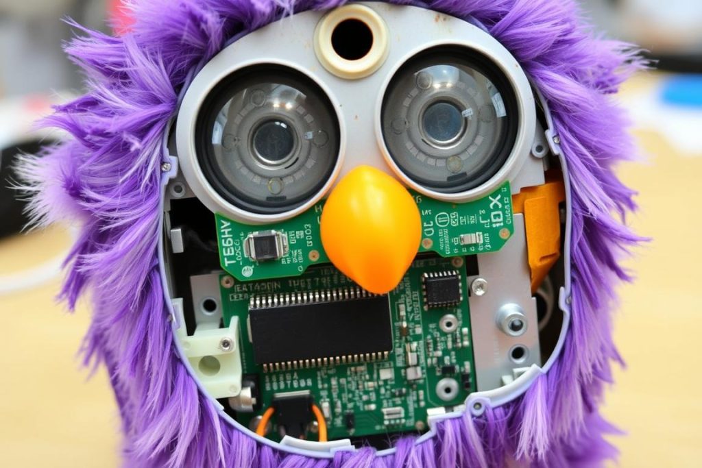 Internal components of a Furby with circuit board visible