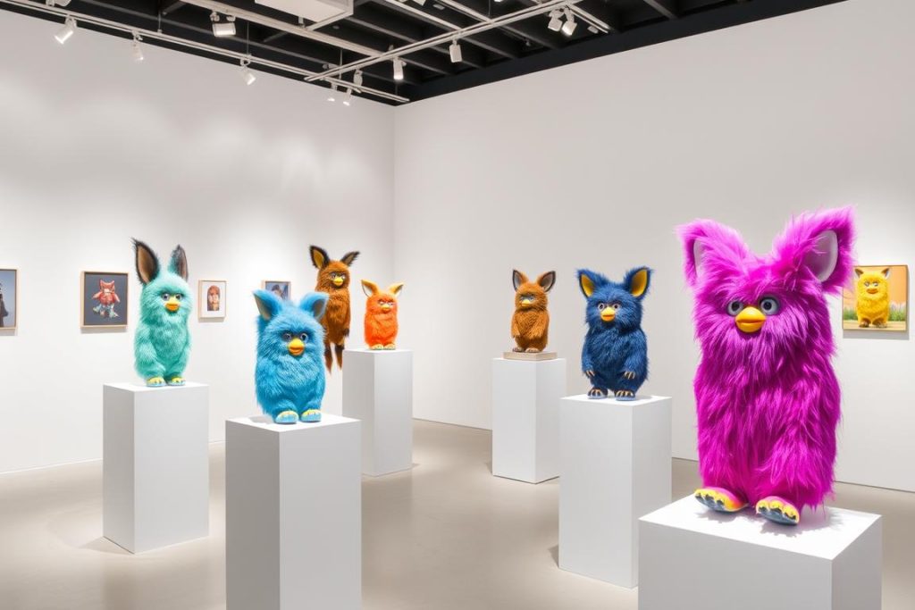 Long Furby art exhibit in a modern gallery space