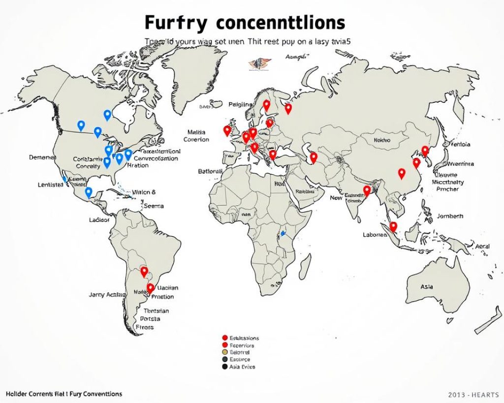 Map showing the locations of furry conventions worldwide with emphasis on newer events