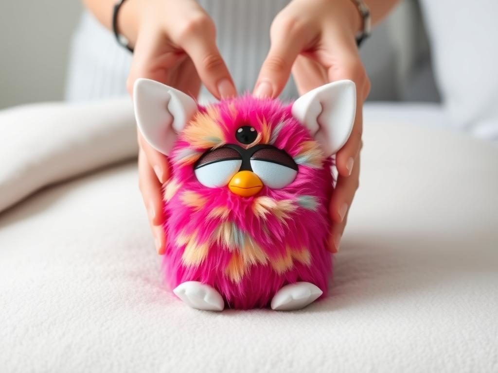 Mini Furby being placed on its back with ears folded to activate sleep mode