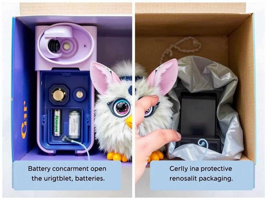 Mini Furby being properly stored in its original box with batteries removed