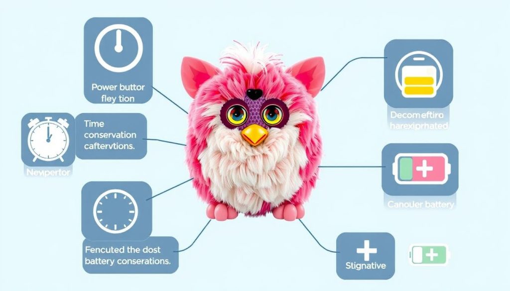 Mini Furby with battery conservation tips illustrated around it