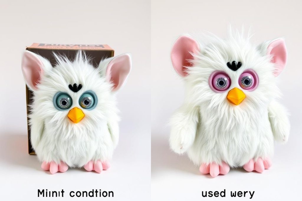 Mint condition original Furby in box compared to used Furby