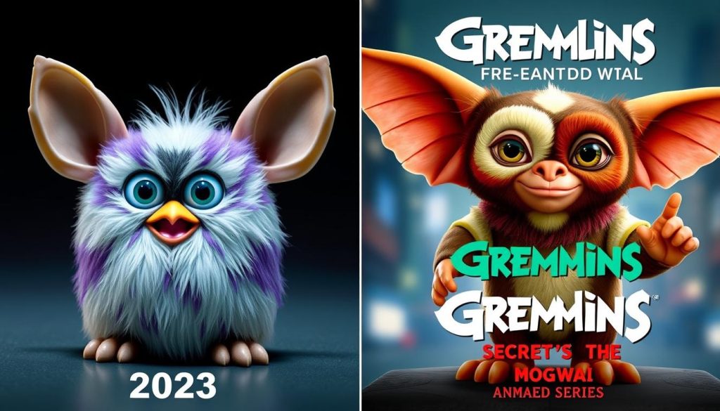 Modern Furby 2023 model next to promotional material for Gremlins: Secrets of the Mogwai animated series