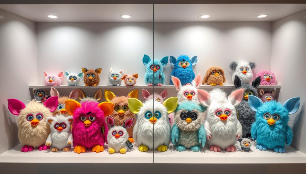 Modern Furby collection showing both original and modified versions side by side