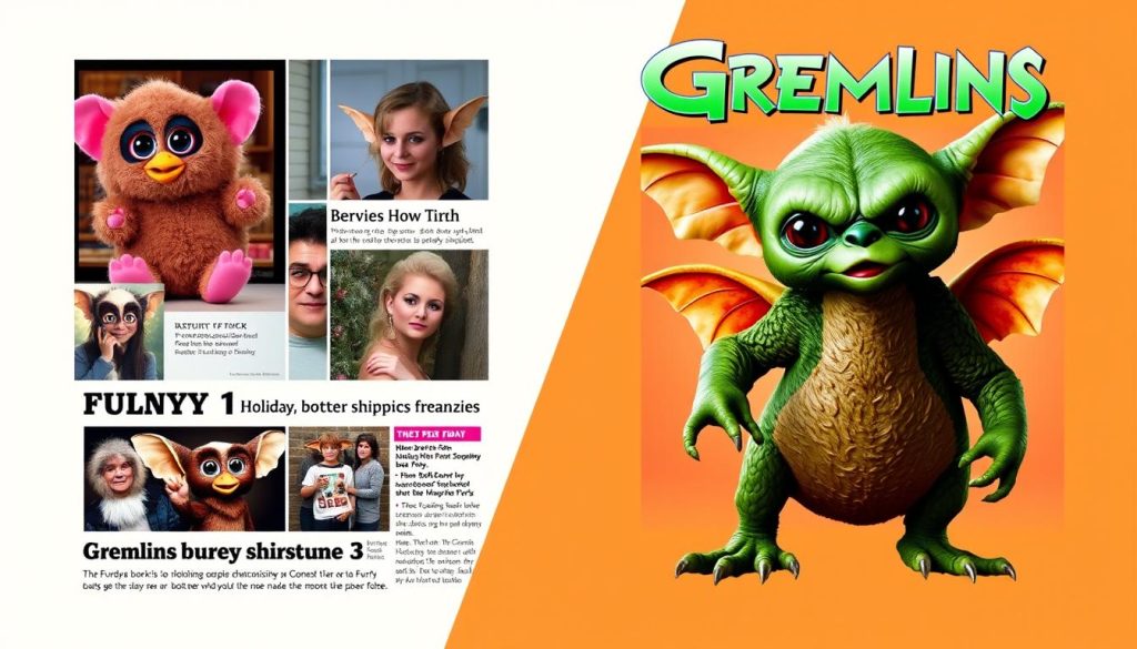 Montage of Furby appearing in various media and Gremlins movie posters showing cultural impact