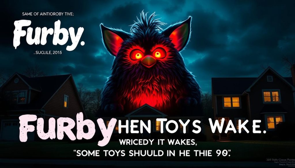 Movie poster style image showing a horror film concept featuring a menacing Furby as the villain