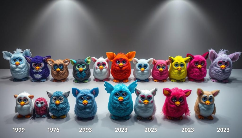 Multiple generations of Furby toys arranged chronologically showing the complete history of Furby
