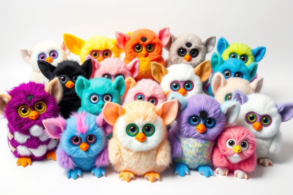 Multiple original Furby 1998 toys in different colors showing variety