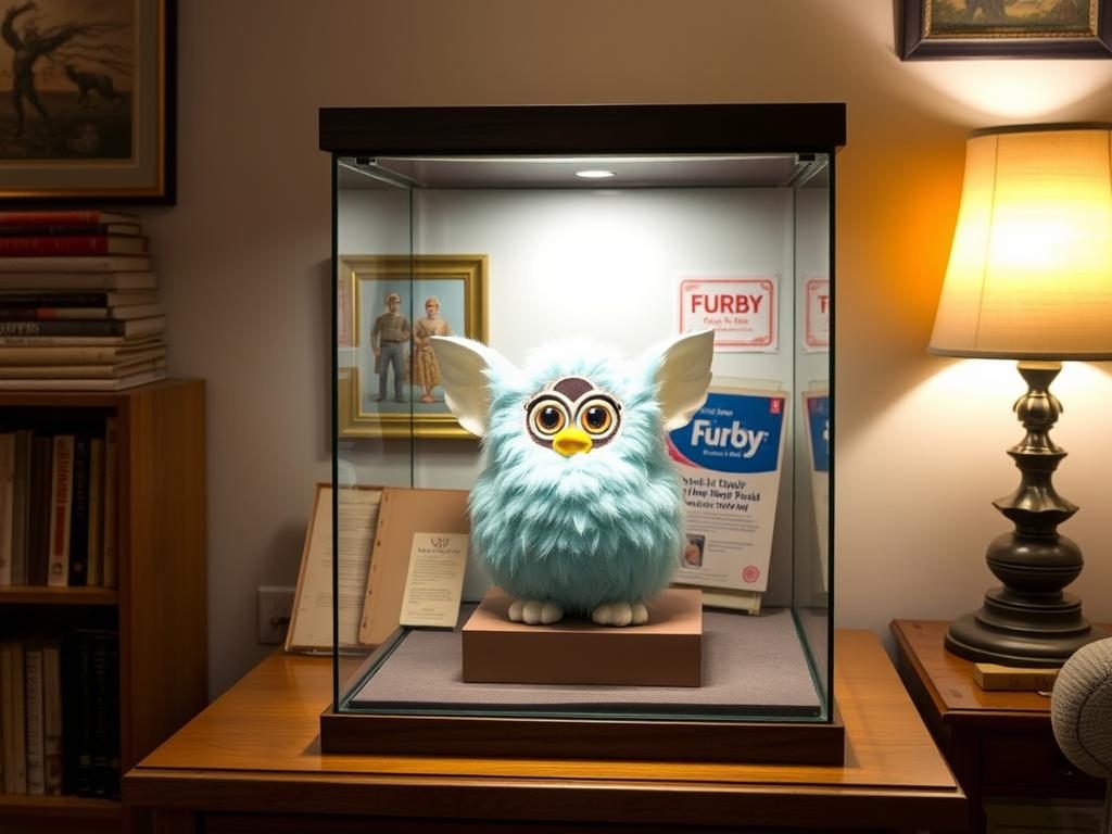 Museum-quality display case for original Furby in box with UV protection