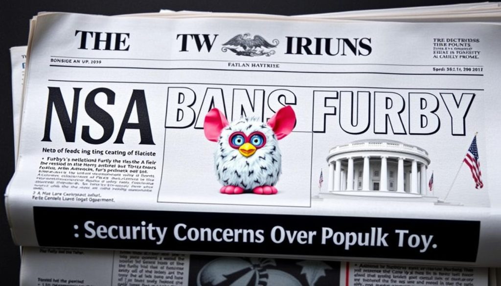 News headline about Furby being banned from government facilities in the history of Furby controversies