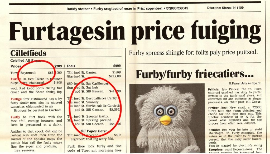 Newspaper clipping from 1998 showing Furby holiday pricing and shopping frenzy