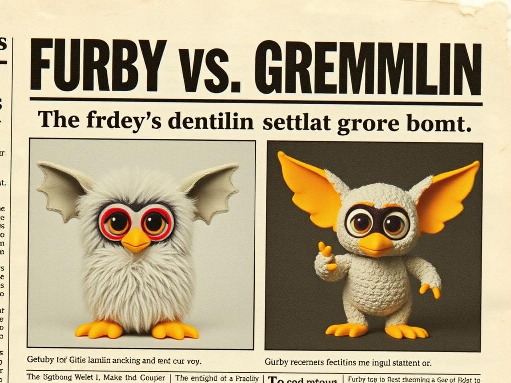 Newspaper headline about Furby vs Gremlin lawsuit settlement between Hasbro and Warner Bros