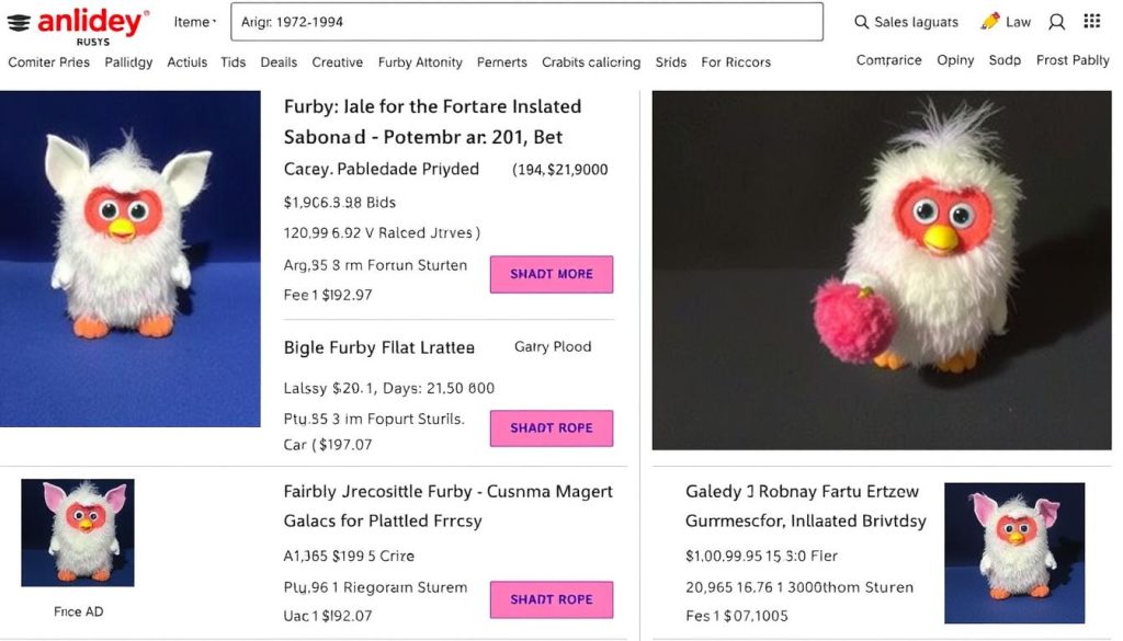 Online auction showing inflated Furby prices during the history of Furby shortages