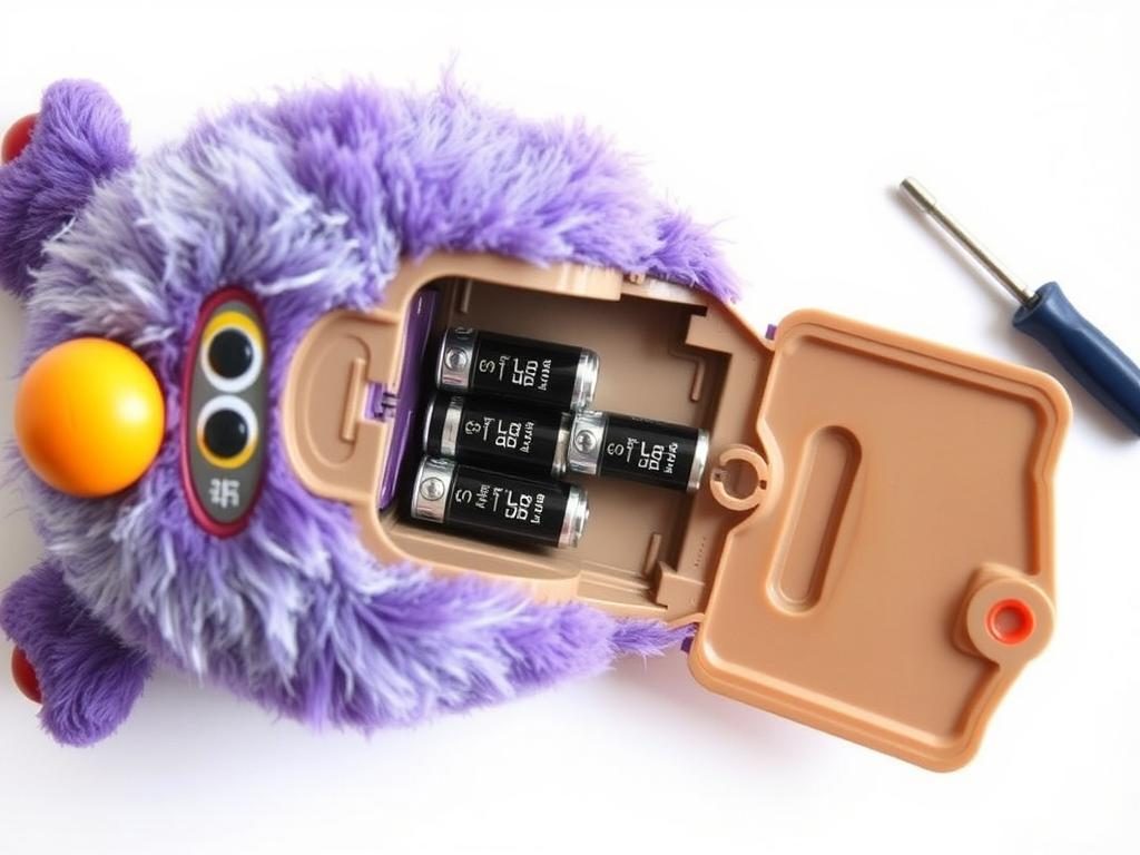 Open battery compartment of a Furby toy showing proper battery removal technique
