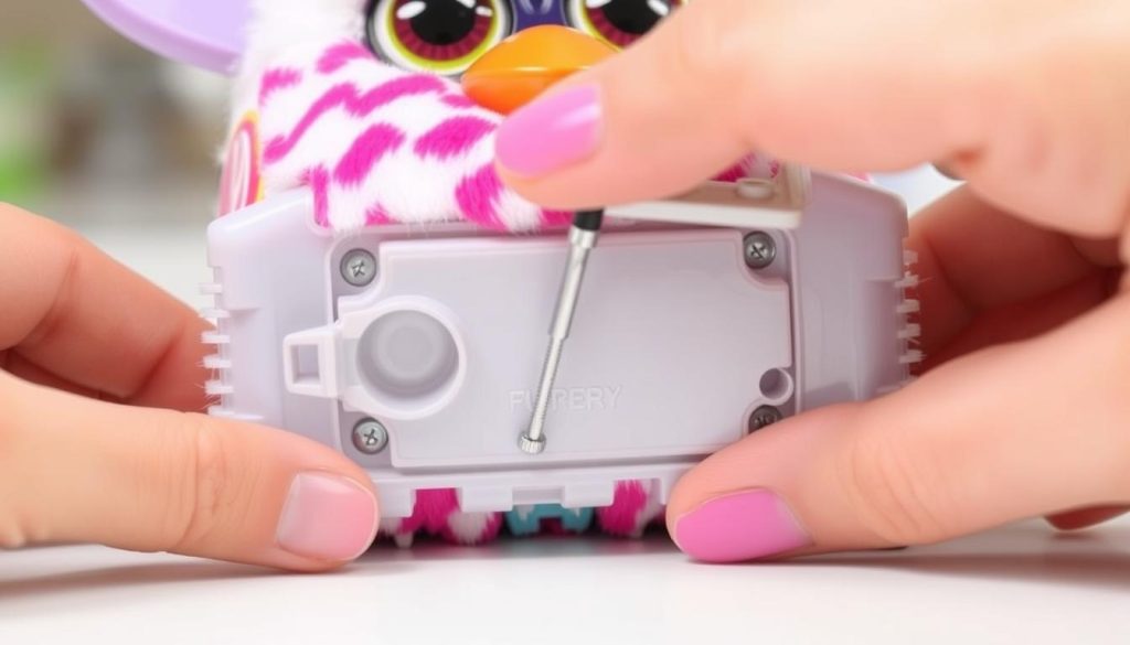 Opening the battery compartment of a Mini Furby with a small screwdriver