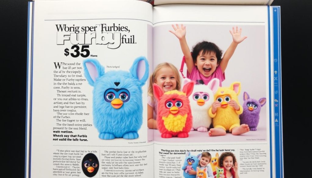 Original 1998 Furby advertisement showing cultural phenomenon and original retail pricing