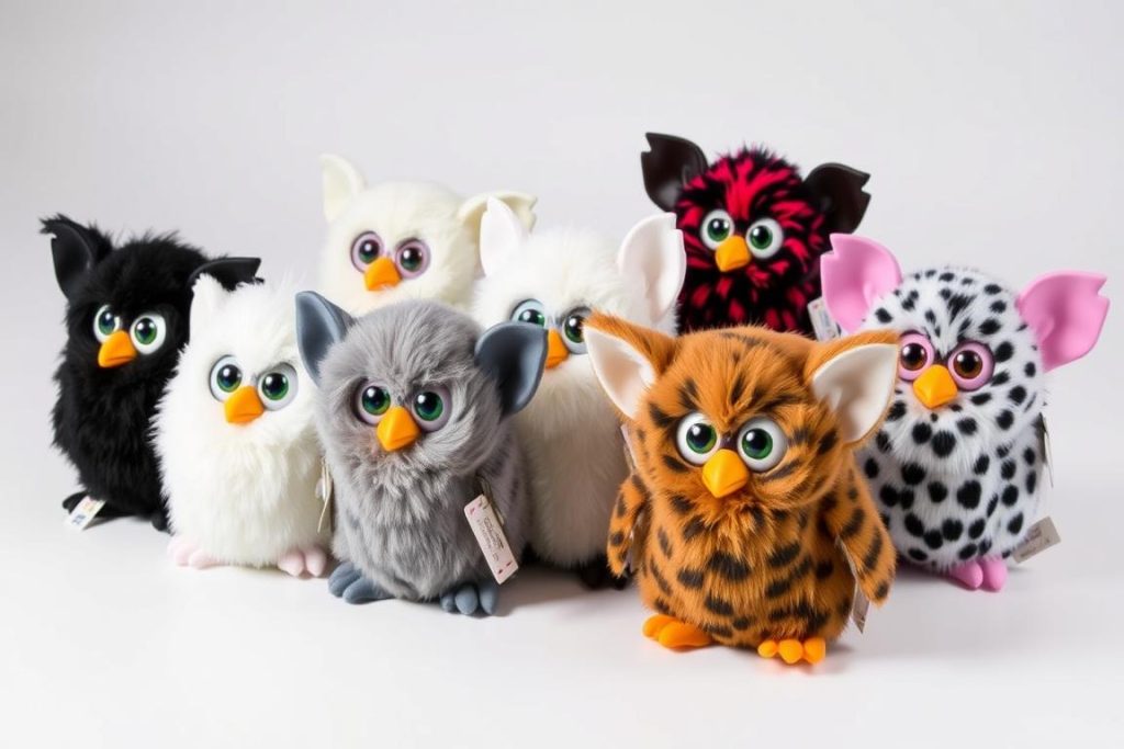Original 1998 Tiger Electronics Furby models in various colors with price tags for furby price guide reference