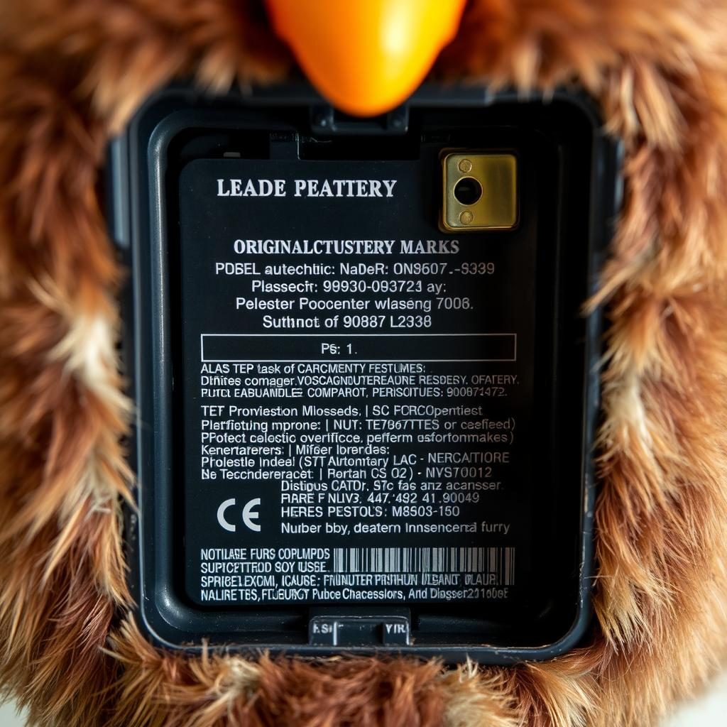 Original Furby battery compartment showing authentic manufacturing marks and model number