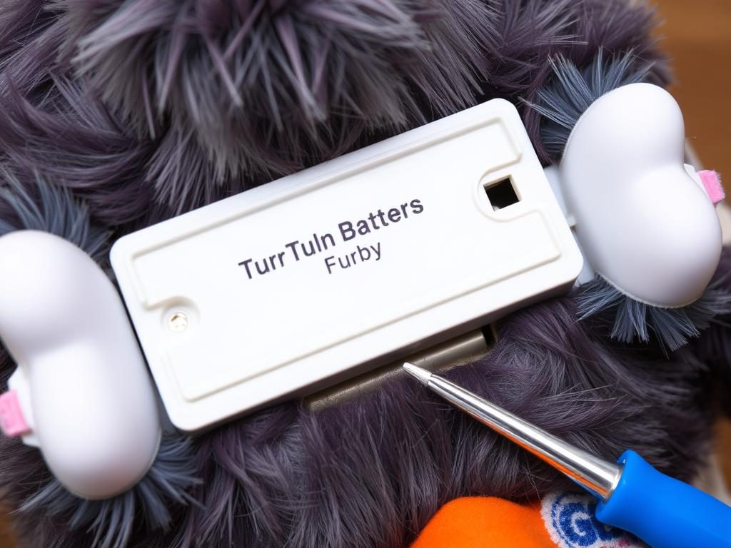 Original Furby with battery compartment open showing how to turn furby off