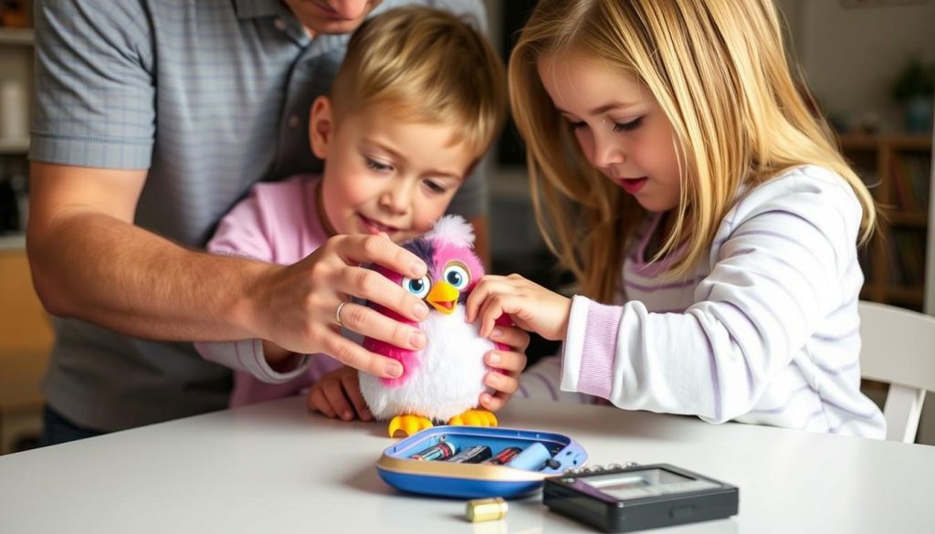 Parent and child safely handling a Furby toy while changing batteries