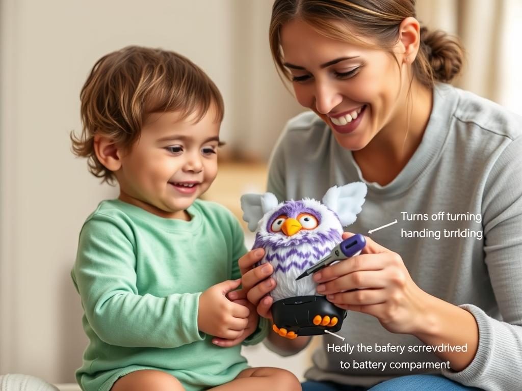 Parent helping child safely turn off a Furby showing how to turn furby off