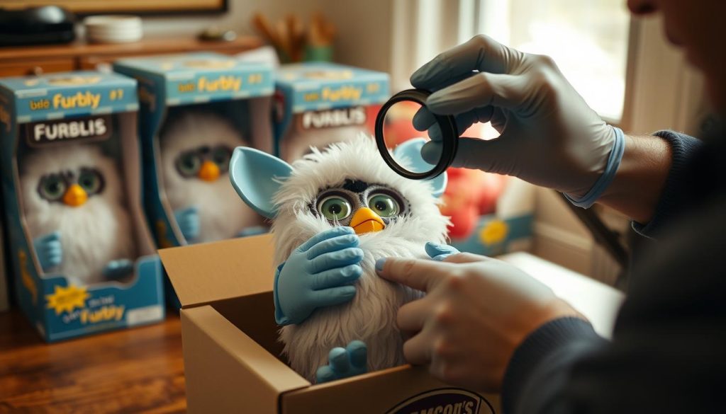 Person carefully examining an original Furby in box for authentication and valuation