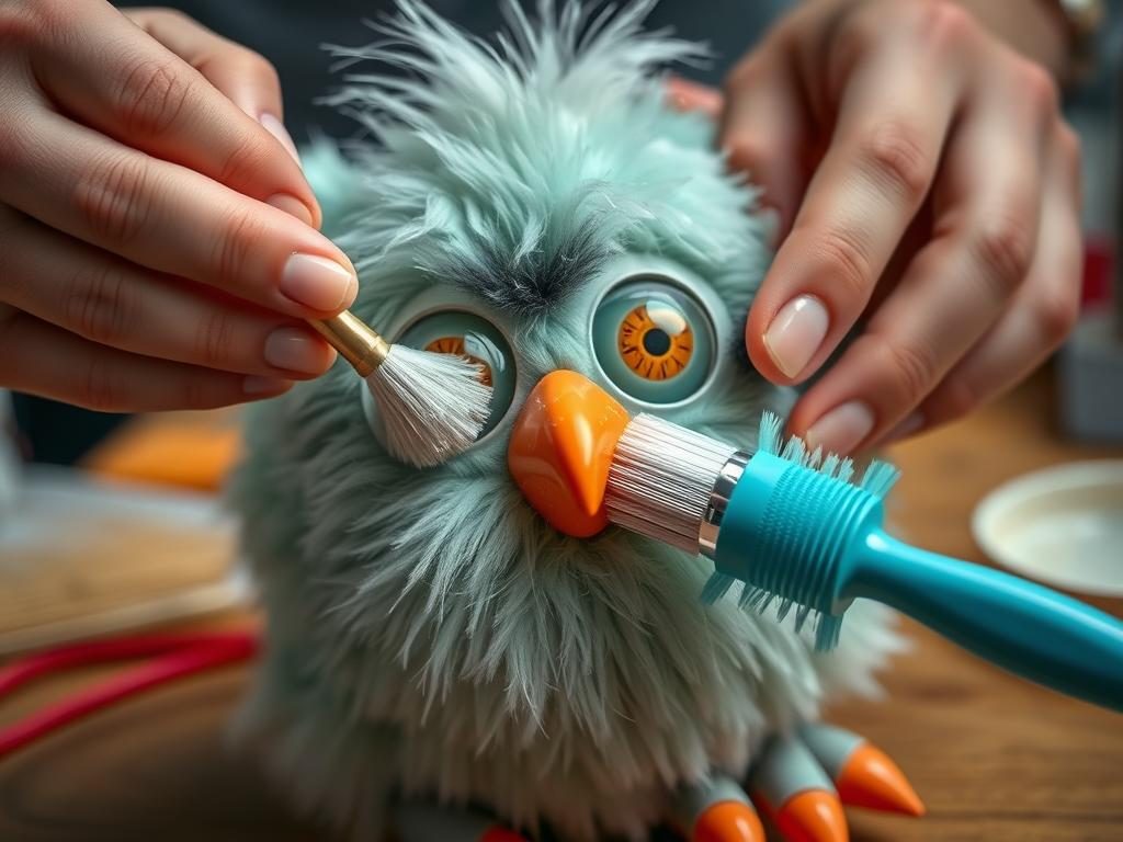 Person cleaning and maintaining a vintage Furby
