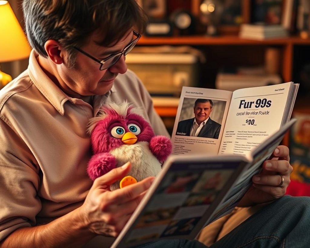 Person holding a vintage 90s Furby next to a price guide showing its increased value