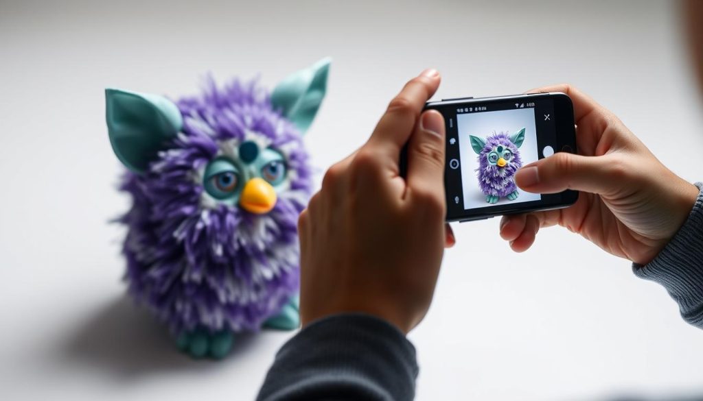 Person photographing a rare Furby for online marketplace listing